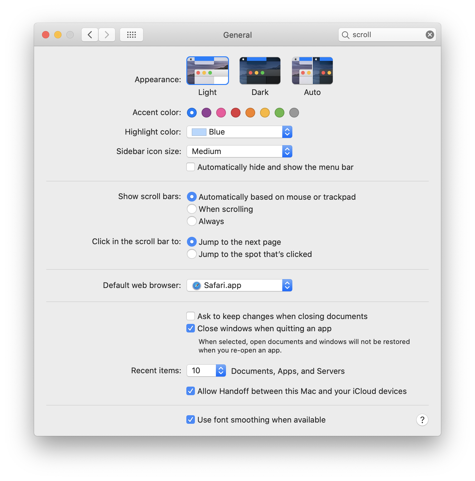 Show scroll bars option on macOS